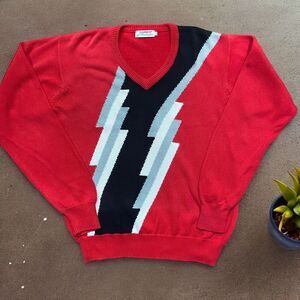 Corbin Huntington Vintage 90s V-Neck Red Black White Sweater Cotton Men's Large